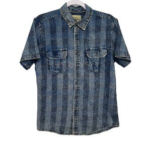 Roebuck & Co Sears Blue Denim Plaid Distressed Button Up